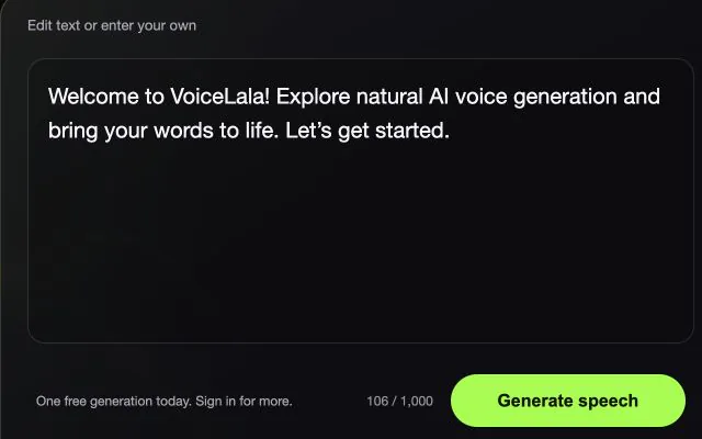VoiceLala online text editor with a sample text to speech script