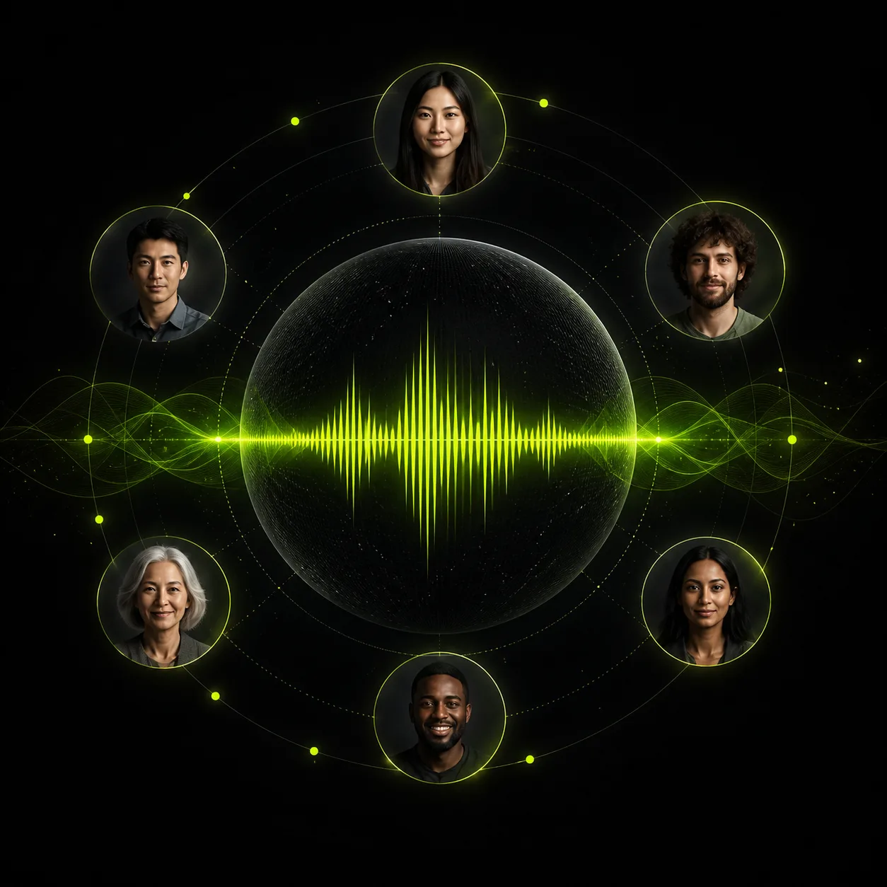 Diverse AI voices connected by a neon green sound wave
