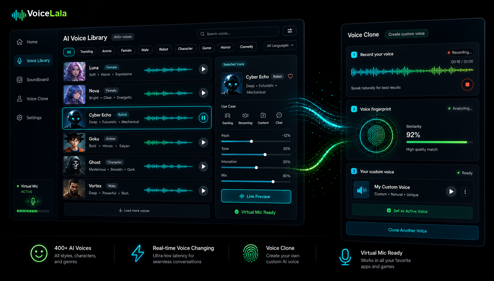 VoiceLala AI voice library product interface with voice presets and live preview